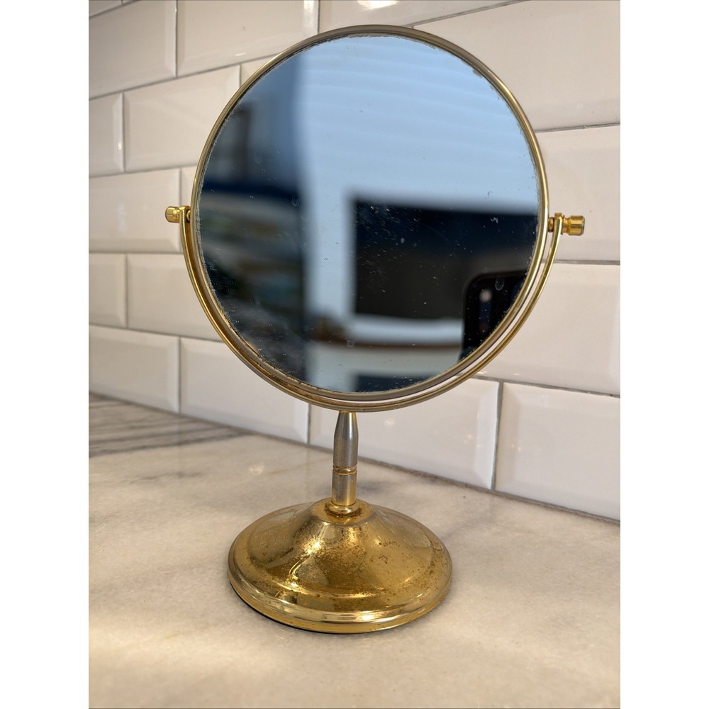 Vintage Shabby Brass Tone Vanity Double Mirror Round Magnification Side ES008